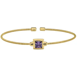 Gold Finish Sterling Silver Cable Cuff Bracelet with Princess Cut Simulated Light Amethyst Birth Gem