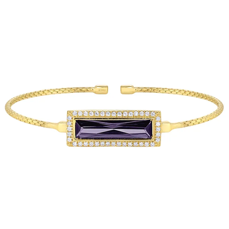 Gold Finish Sterling Silver Cable Cuff Bracelet with Rectangular Simulated Amethyst Stone and Simulated Diamonds