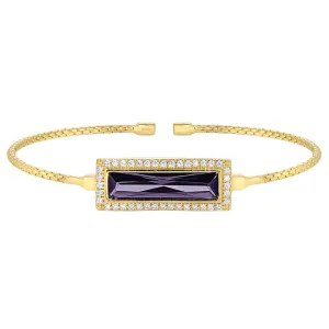 Gold Finish Sterling Silver Cable Cuff Bracelet with Rectangular Simulated Amethyst Stone and Simulated Diamonds