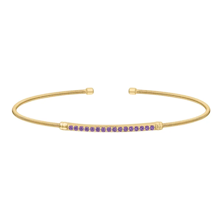 Gold Finish Sterling Silver Cable Cuff Bracelet with Simulated Amethyst Birth Gems - February