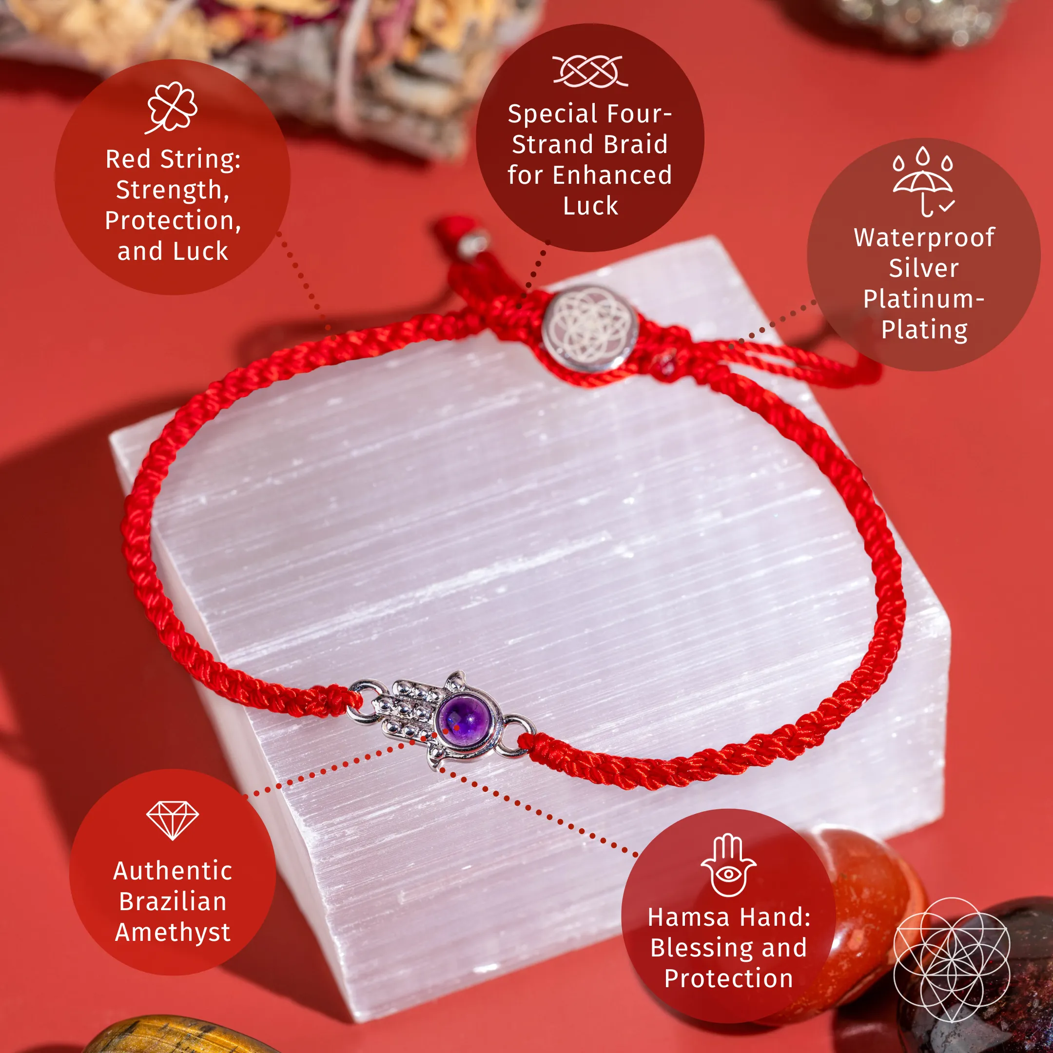 Hamsa Hand of Protection - Four-Strand Red String Bracelet