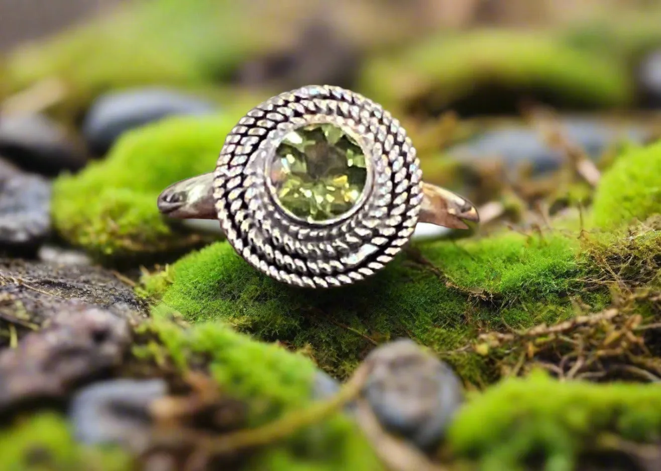 Hand Crafted Bali Style Round Peridot Ring Set In Sterling Silver -Size 8