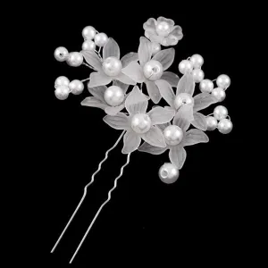 Handmade Bridal 2-Prong Hairpin w/ Frosted Acrylic Flowers Sprigs and Glass Pearls [Pair]