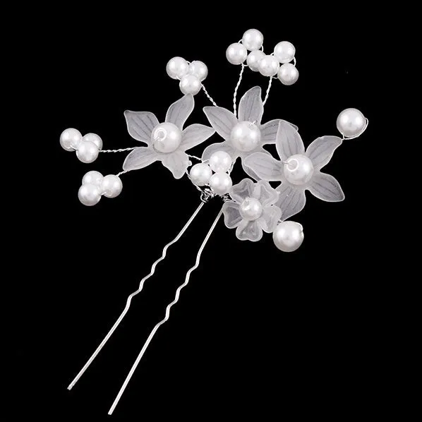 Handmade Bridal 2-Prong Hairpin w/ Frosted Acrylic Flowers Sprigs and Glass Pearls [Pair]