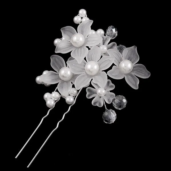 Handmade Bridal 2-Prong Hairpin w/ Frosted Acrylic Flowers Sprigs and Glass Pearls [Pair]