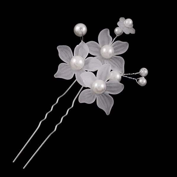 Handmade Bridal 2-Prong Hairpin w/ Frosted Acrylic Flowers Sprigs and Glass Pearls [Pair]