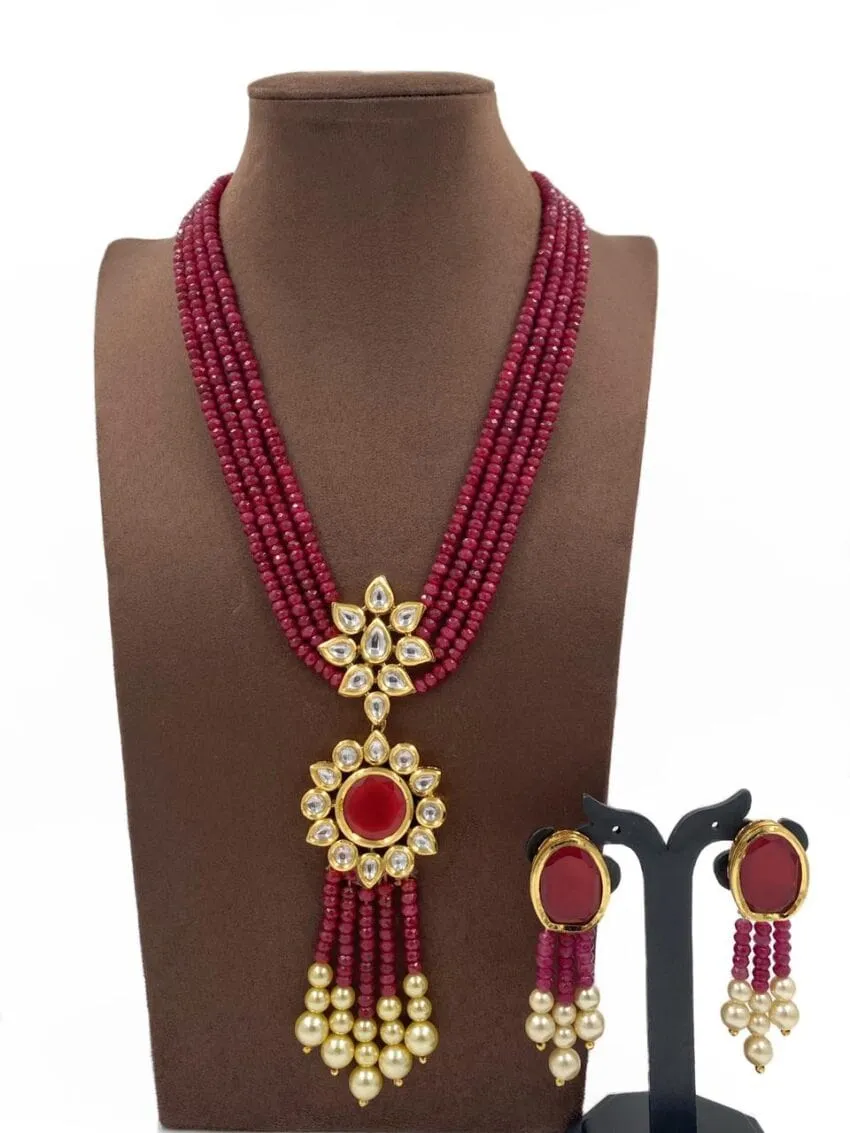 Handmade Multilayered Ruby Pink Jade Beaded Necklace Set For Ladies