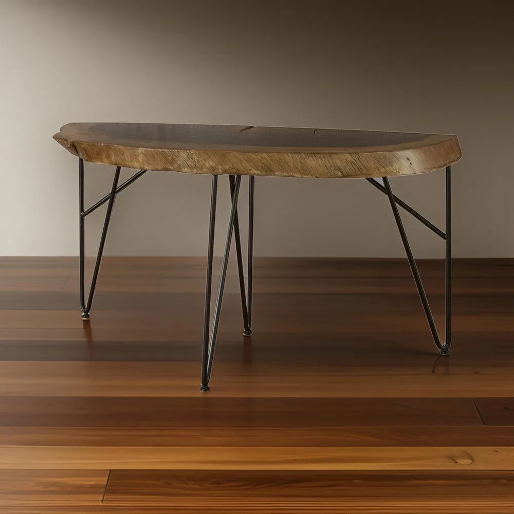 Hito 55in Sofa Table, Black Metal Legs, Live Edge Brown Solid Parota Wood By Casagear Home