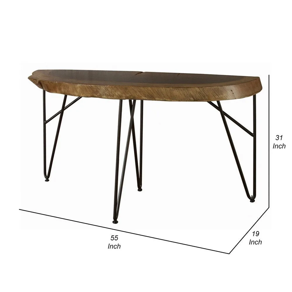 Hito 55in Sofa Table, Black Metal Legs, Live Edge Brown Solid Parota Wood By Casagear Home