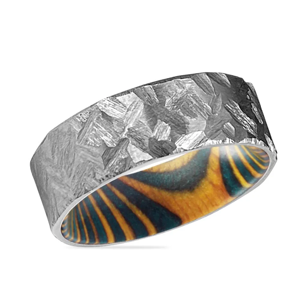 HOLLOW | Green and Yellow Wood, Silver Titanium Ring, Hammered, Flat