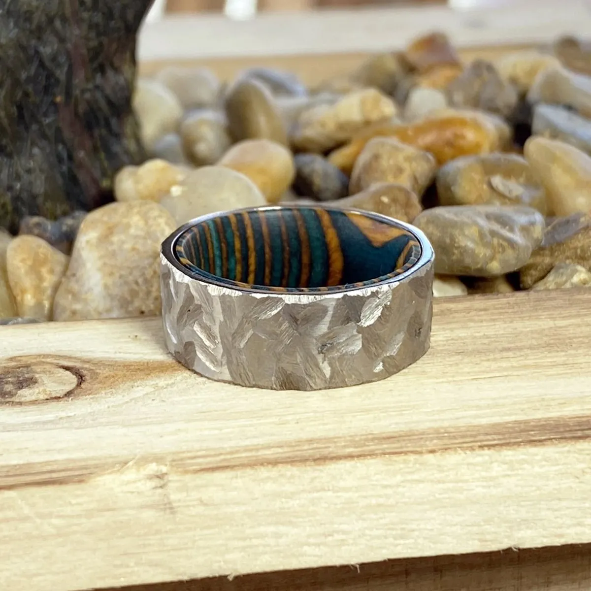 HOLLOW | Green and Yellow Wood, Silver Titanium Ring, Hammered, Flat