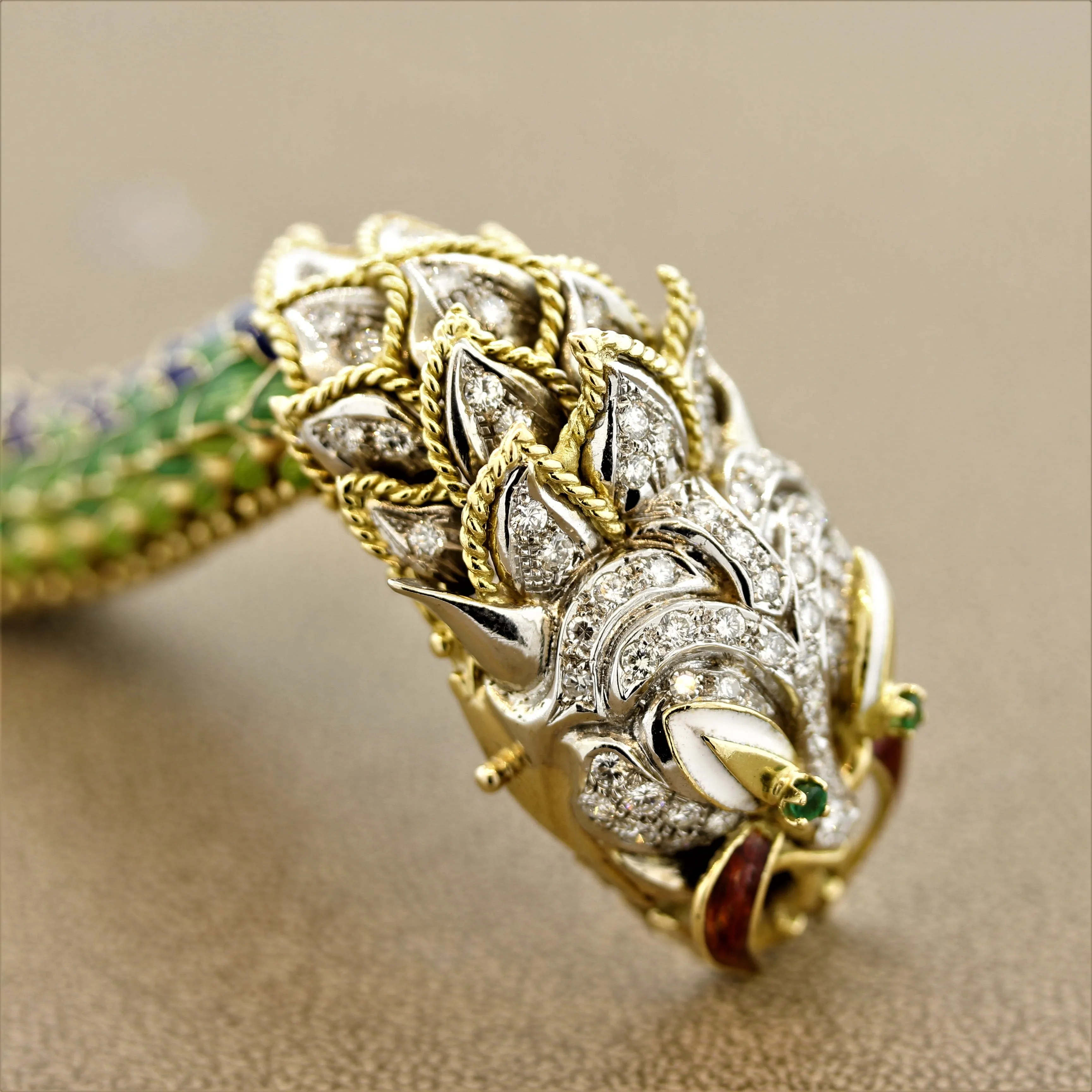 Italian Diamond Emerald Enamel Dragon Gold Bracelet