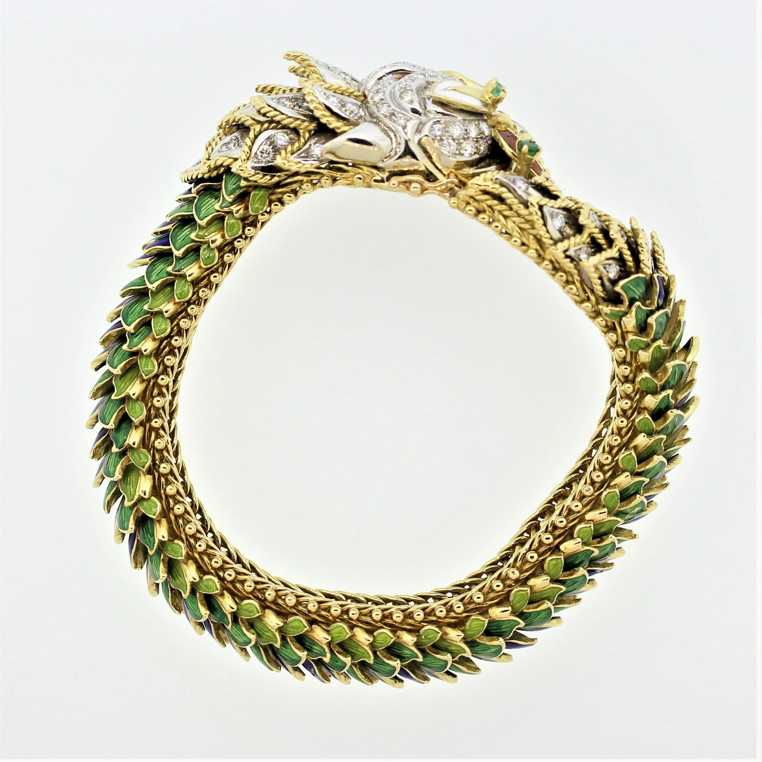 Italian Diamond Emerald Enamel Dragon Gold Bracelet