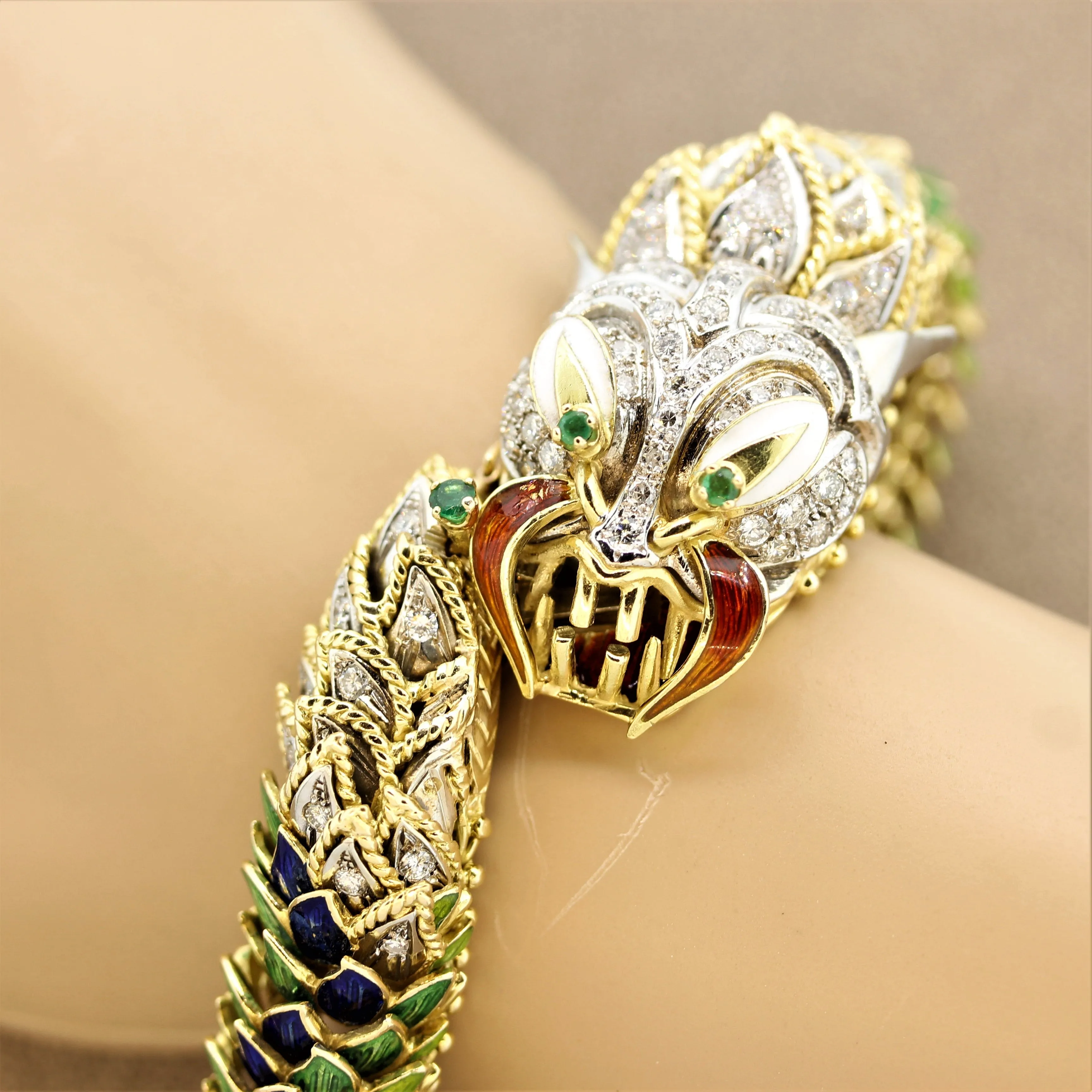 Italian Diamond Emerald Enamel Dragon Gold Bracelet