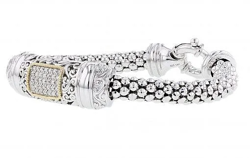 Italian sterling silver flex bracelet with 0.50ct. diamonds and solid 14K yellow gold accent