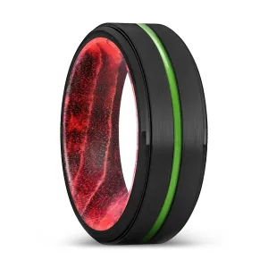 JOLIET | Black & Red Wood, Black Tungsten Ring, Green Groove, Stepped Edge