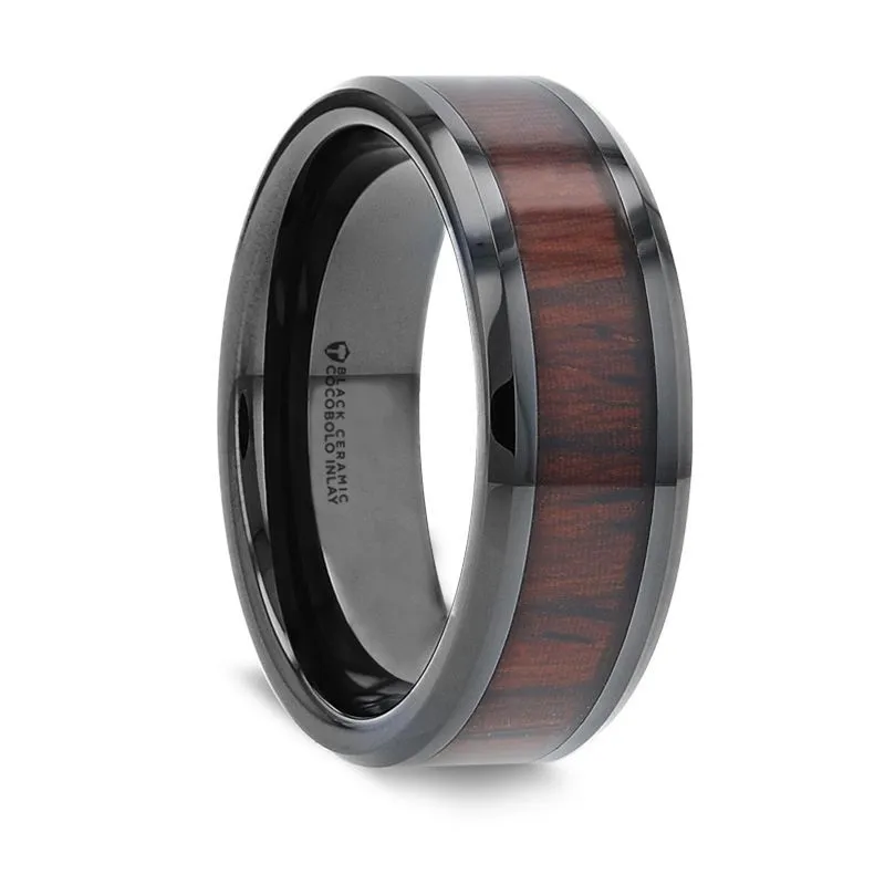 KAI | Black Ceramic Ring, Cocobolo Wood Inlay, Beveled