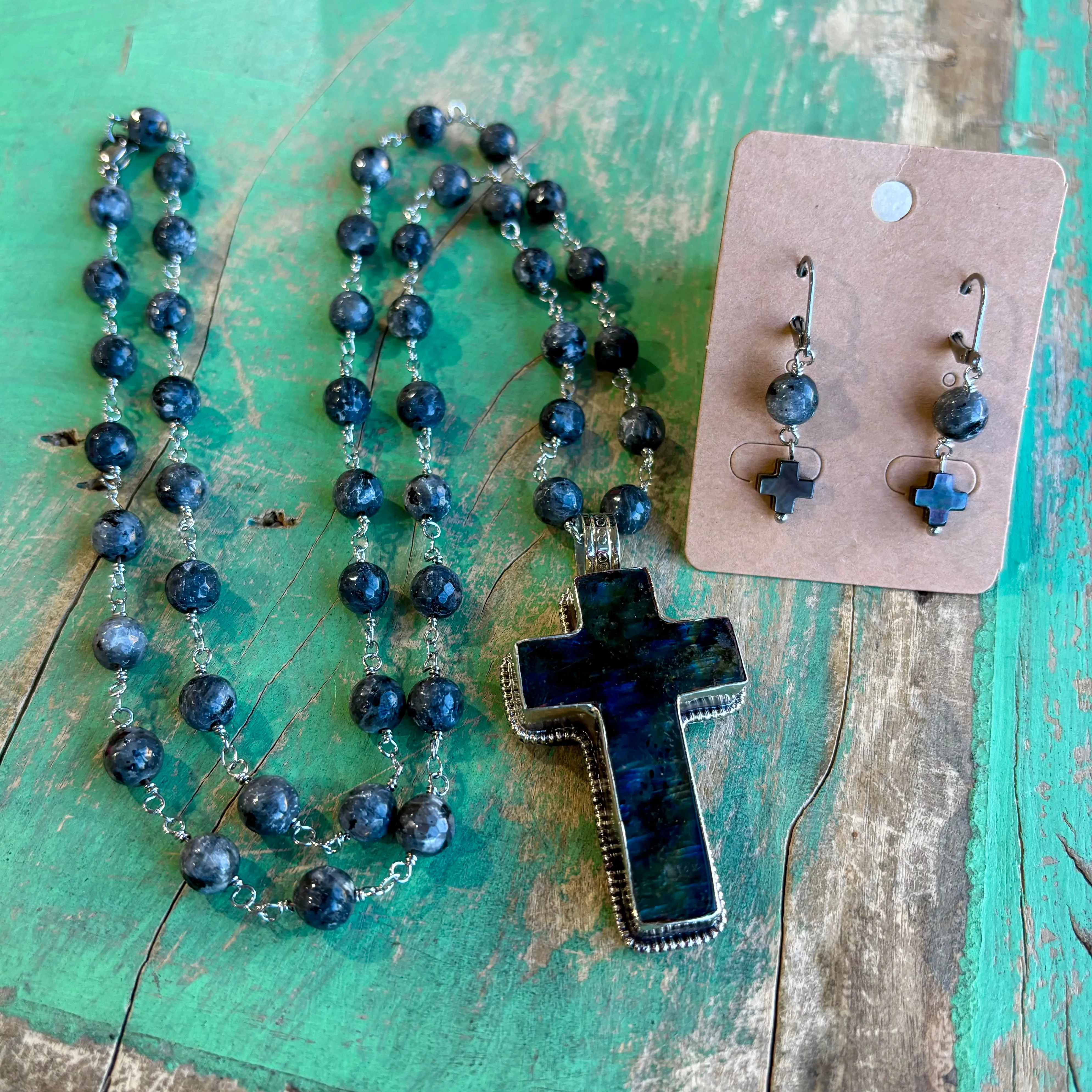 Labradorite Cross Long Necklace or Earrings