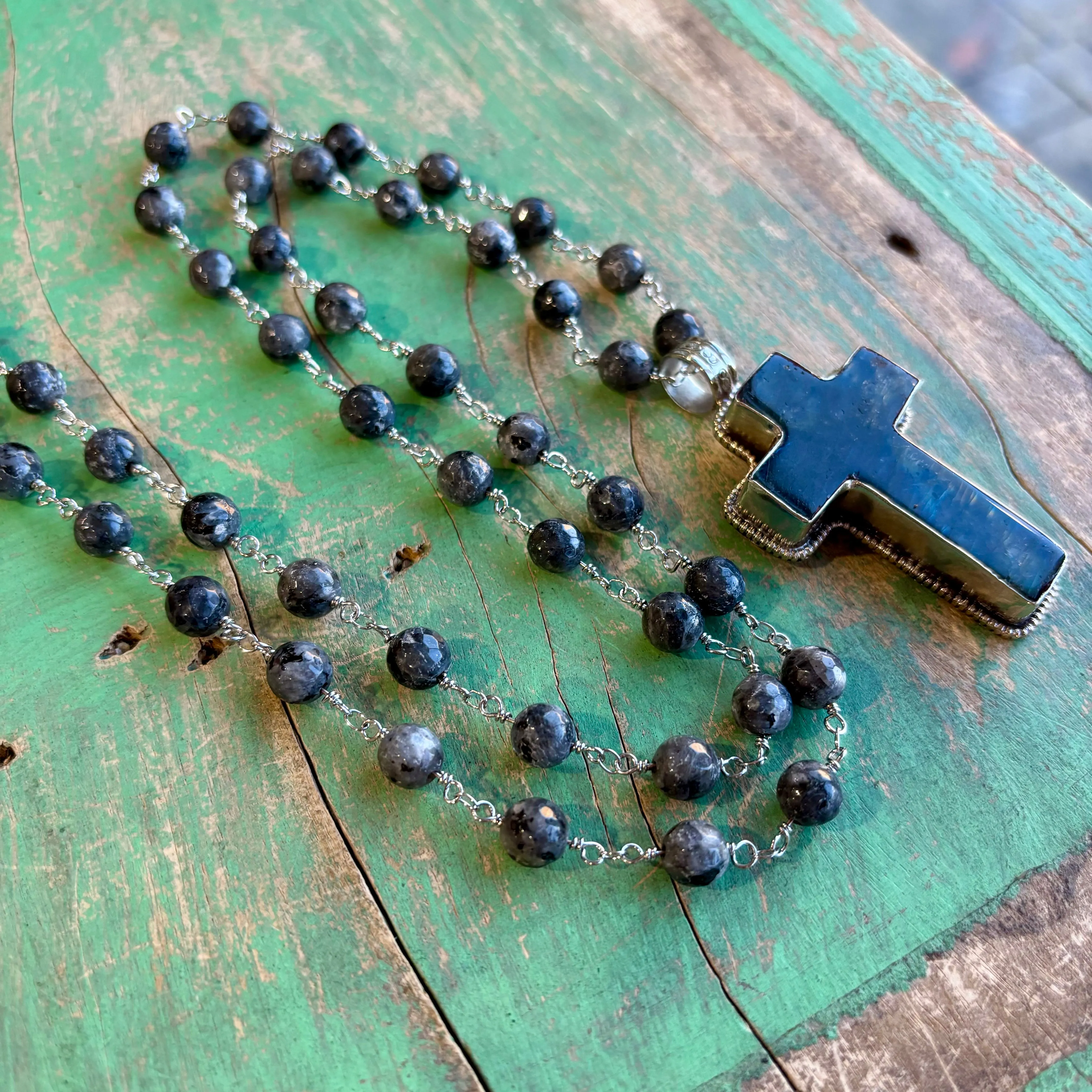 Labradorite Cross Long Necklace or Earrings