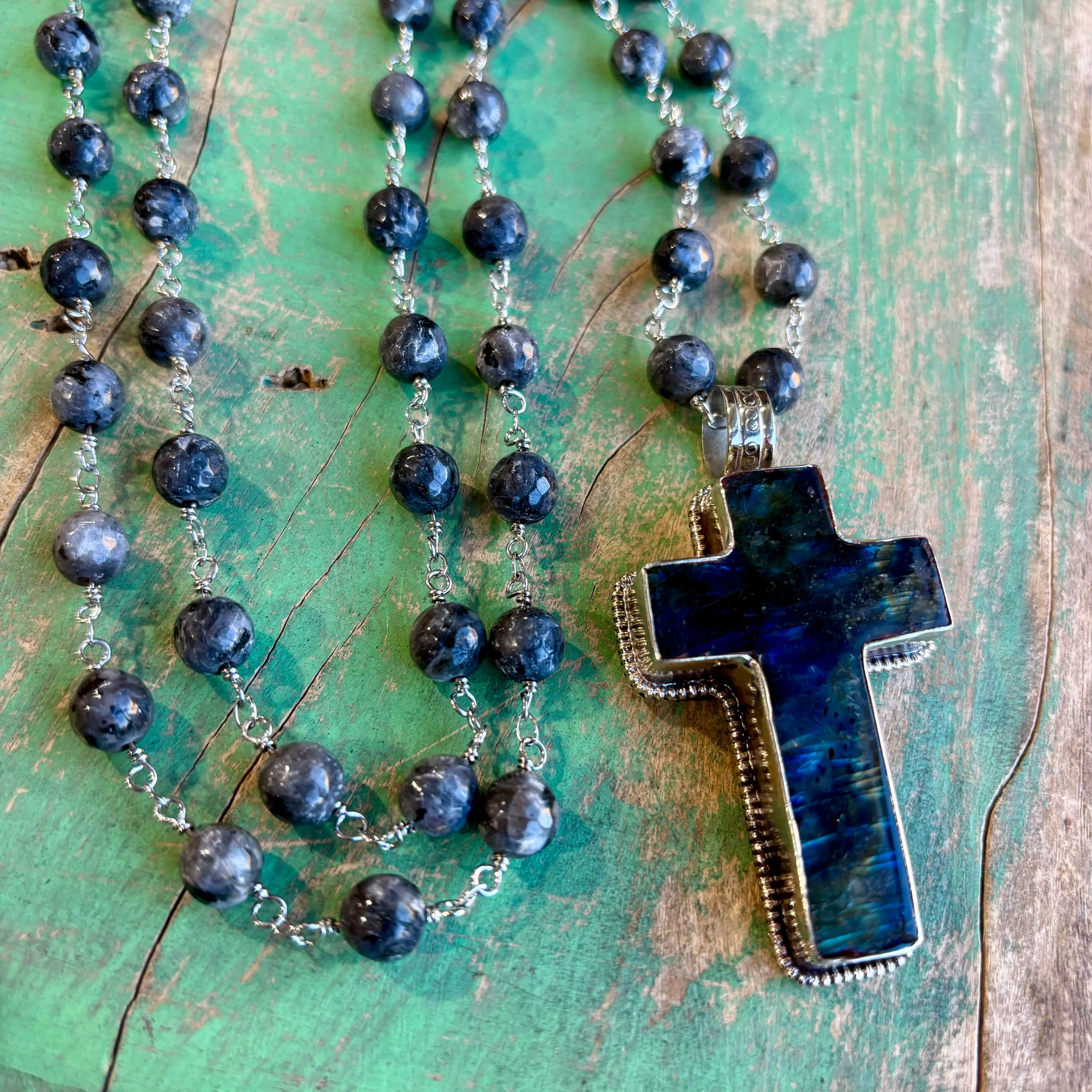 Labradorite Cross Long Necklace or Earrings