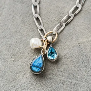 Labradorite Pear Necklace with Keshi Pearl and Swiss Blue Topaz