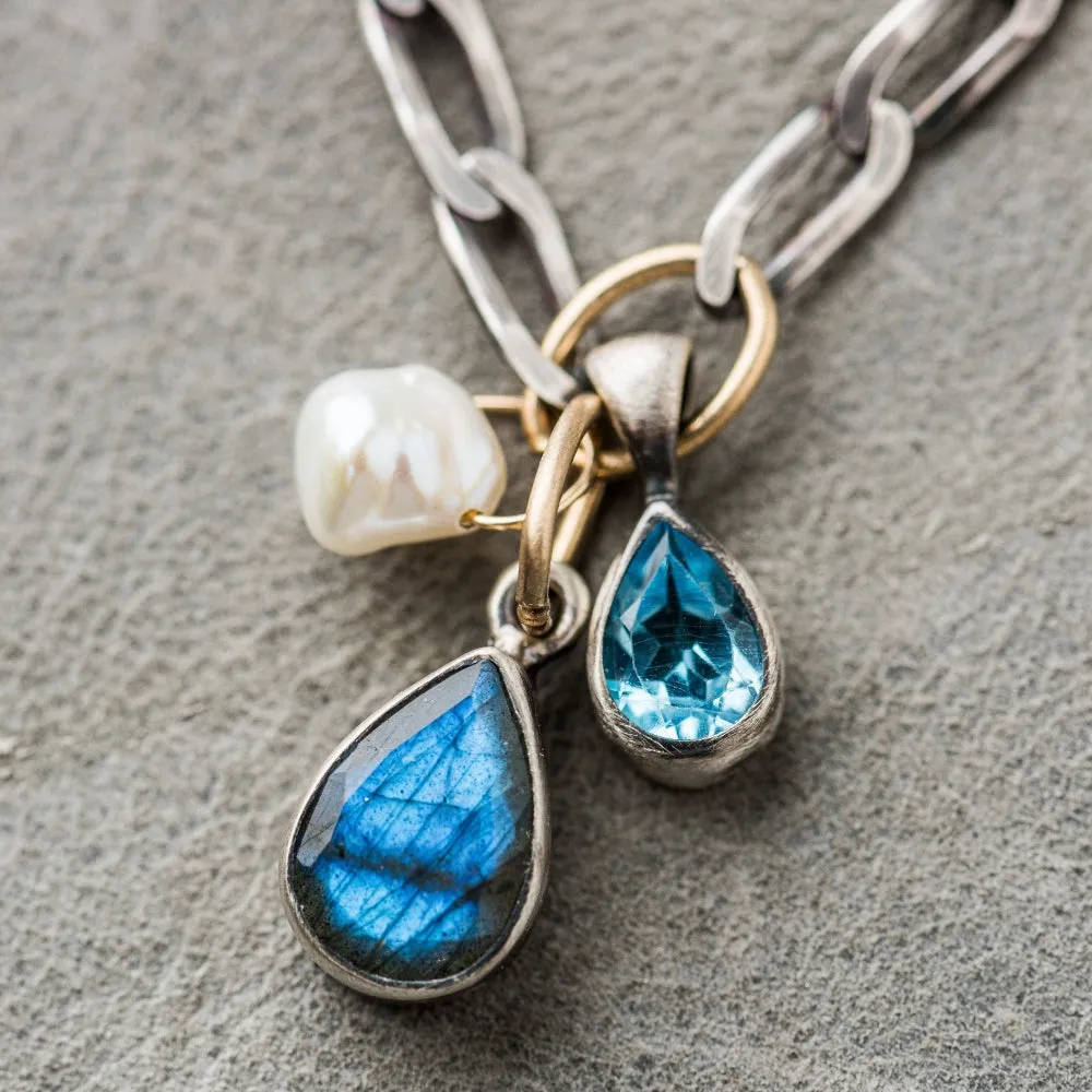 Labradorite Pear Necklace with Keshi Pearl and Swiss Blue Topaz