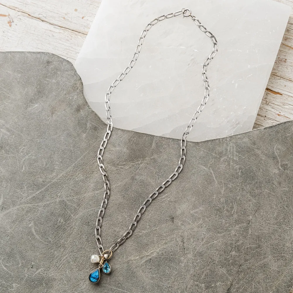 Labradorite Pear Necklace with Keshi Pearl and Swiss Blue Topaz