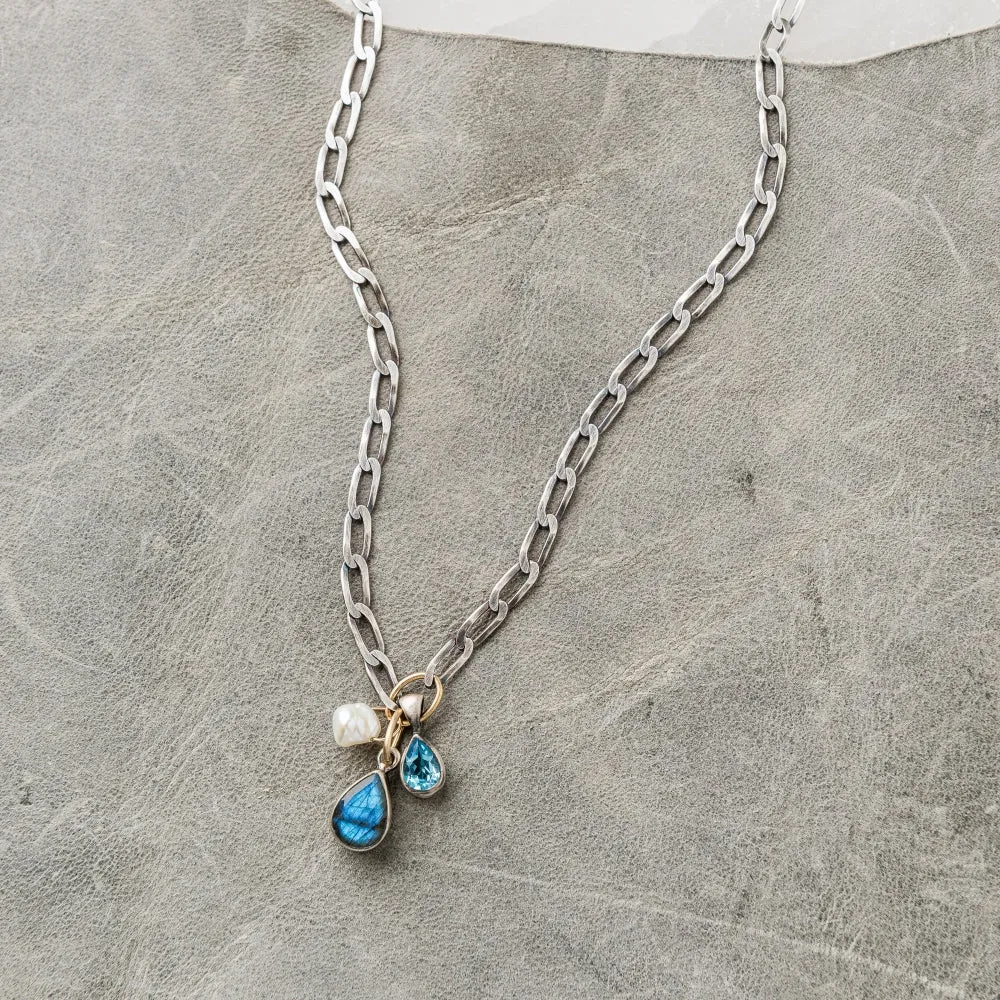 Labradorite Pear Necklace with Keshi Pearl and Swiss Blue Topaz