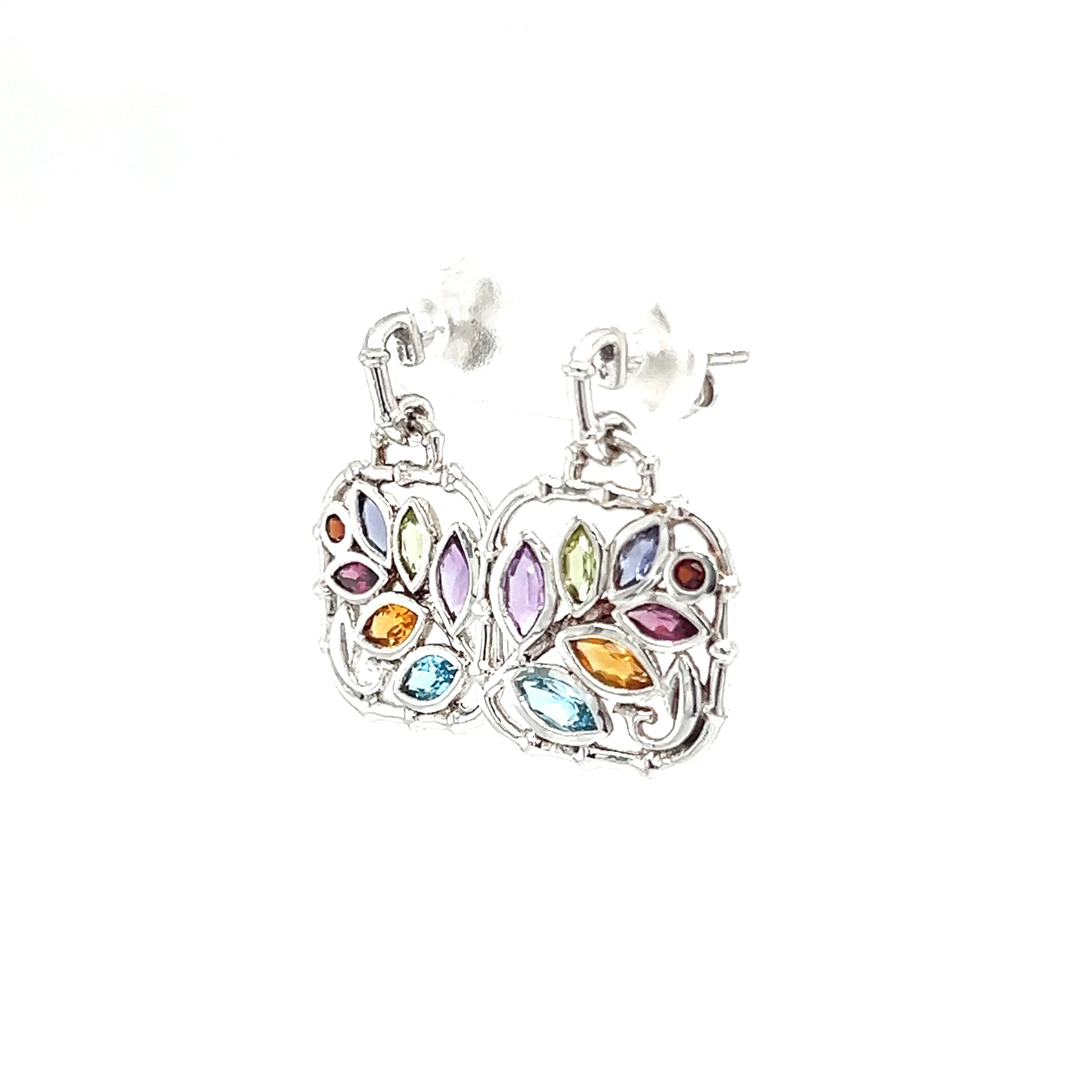 Leaf Dangle Earrings with Multi Gemstones Accents in Sterling Silver