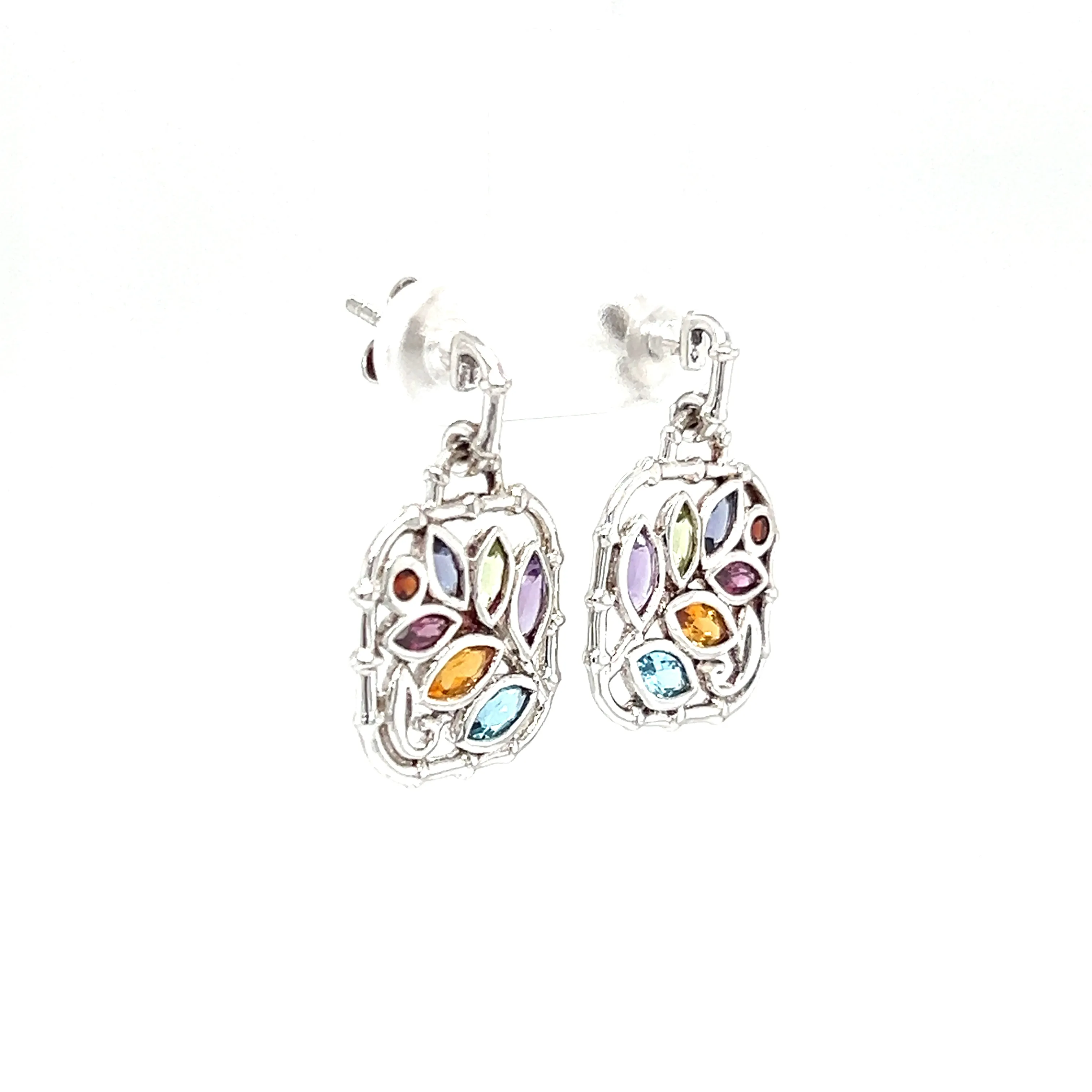 Leaf Dangle Earrings with Multi Gemstones Accents in Sterling Silver