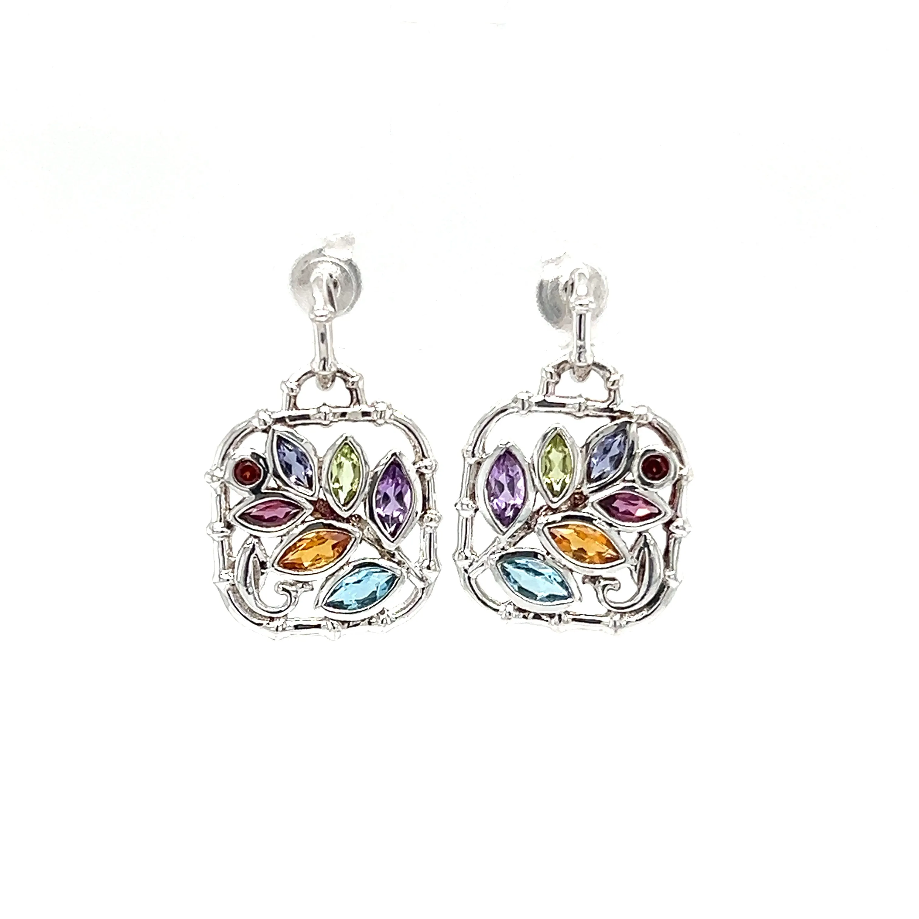 Leaf Dangle Earrings with Multi Gemstones Accents in Sterling Silver