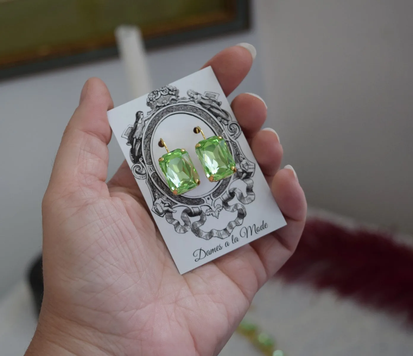 Light Green Aurora Crystal Earrings - Large Octagon