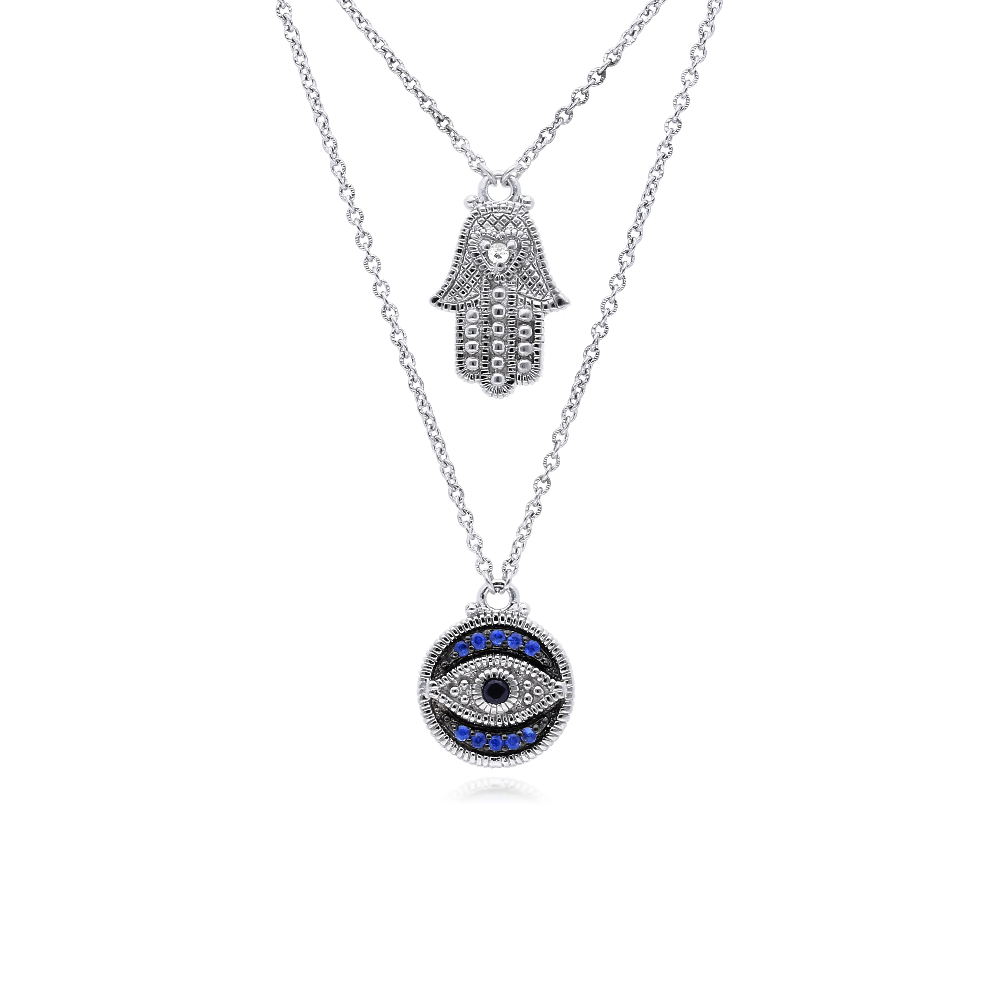 Little Luxuries Black Sapphire, Blue Sapphire and White Topaz Evil Eye Hamsa Pendant