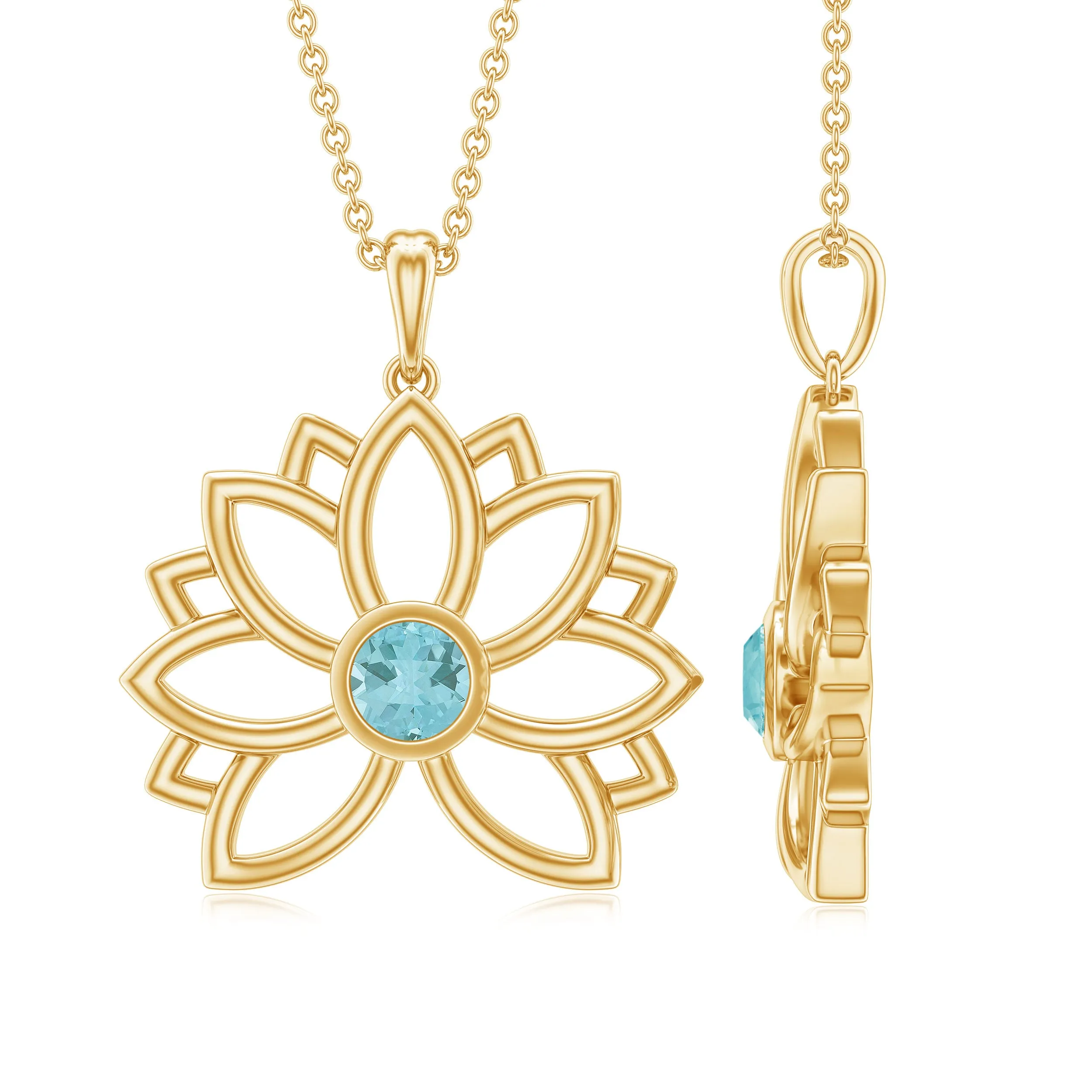 Lotus Flower Pendant with Bezel Set Sky Blue Topaz Solitaire