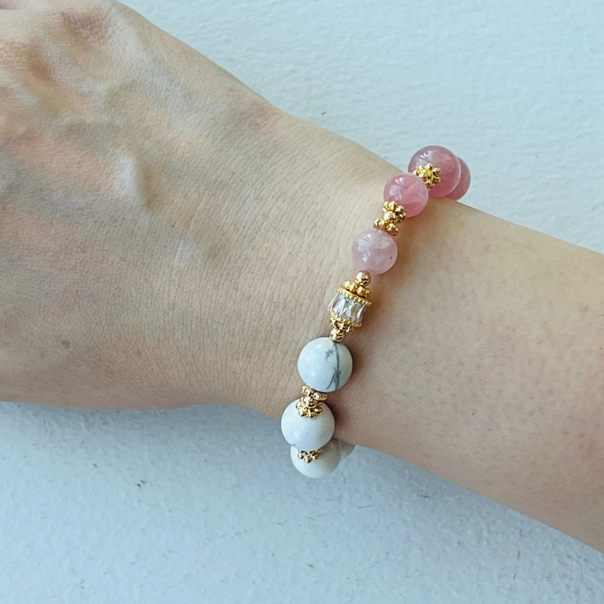 Madagascar Rose Quartz & Howlite Moon Bracelet