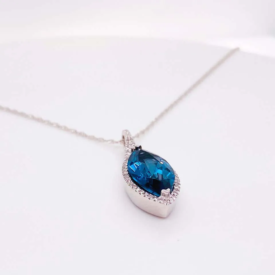 Marquise London Blue Topaz & Diamond Halo Necklace