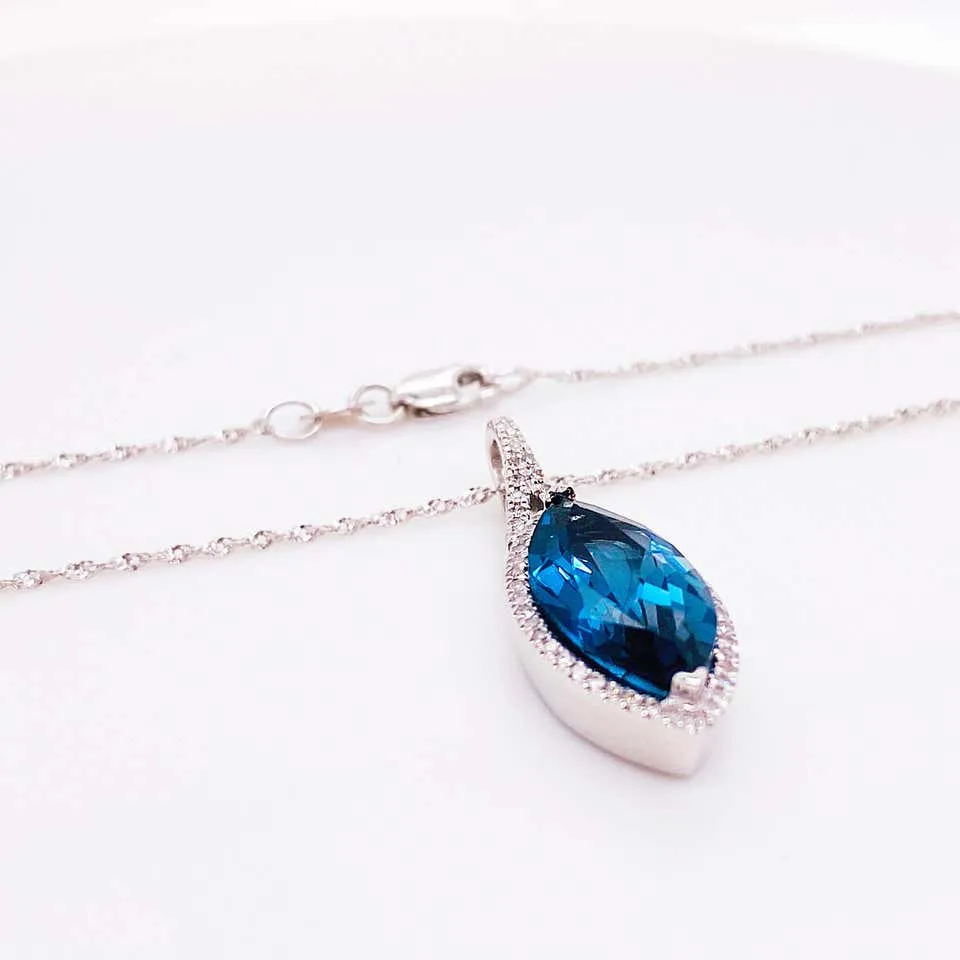 Marquise London Blue Topaz & Diamond Halo Necklace