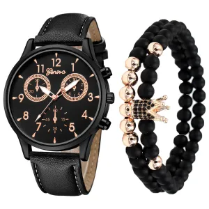 Men's Fashion Creative Fake Three-Eye Belt Quartz Watch Bracelet Set