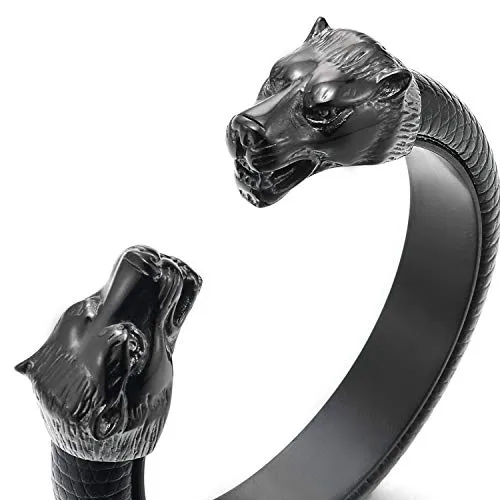 Mens Steel Wolf Head Open Cuff Bangle Bracelet Inlaid with Black Leather, Elastic Adjustable