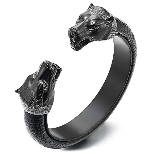 Mens Steel Wolf Head Open Cuff Bangle Bracelet Inlaid with Black Leather, Elastic Adjustable