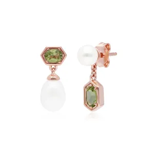 Moderne Perle & Peridot Asymmetrische Tropfen Ohrringe in Rose Vergoldetem Sterling Silber