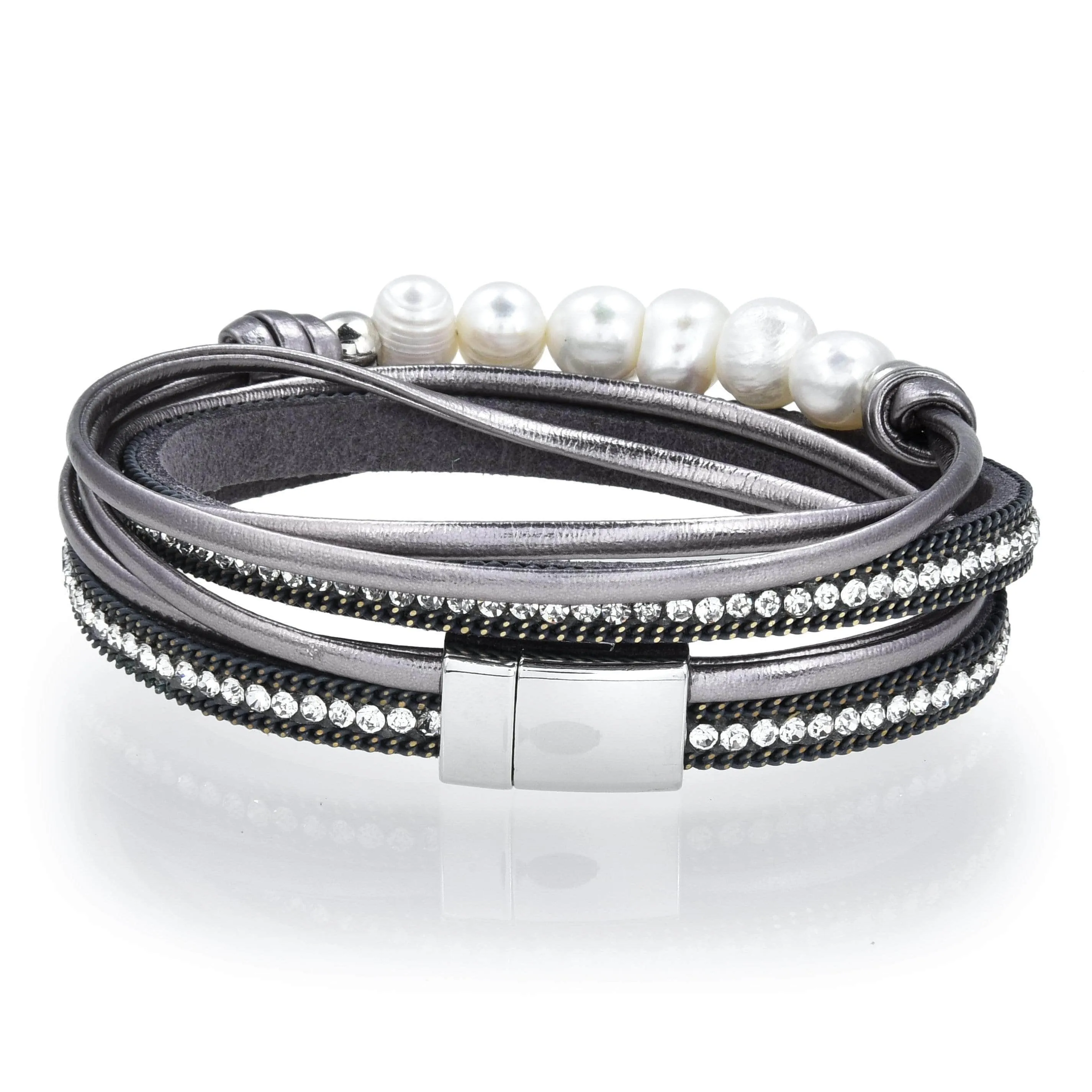 Multiple Strand Pearl and Diamonds Gray Bracelet with Magnetic Clasp