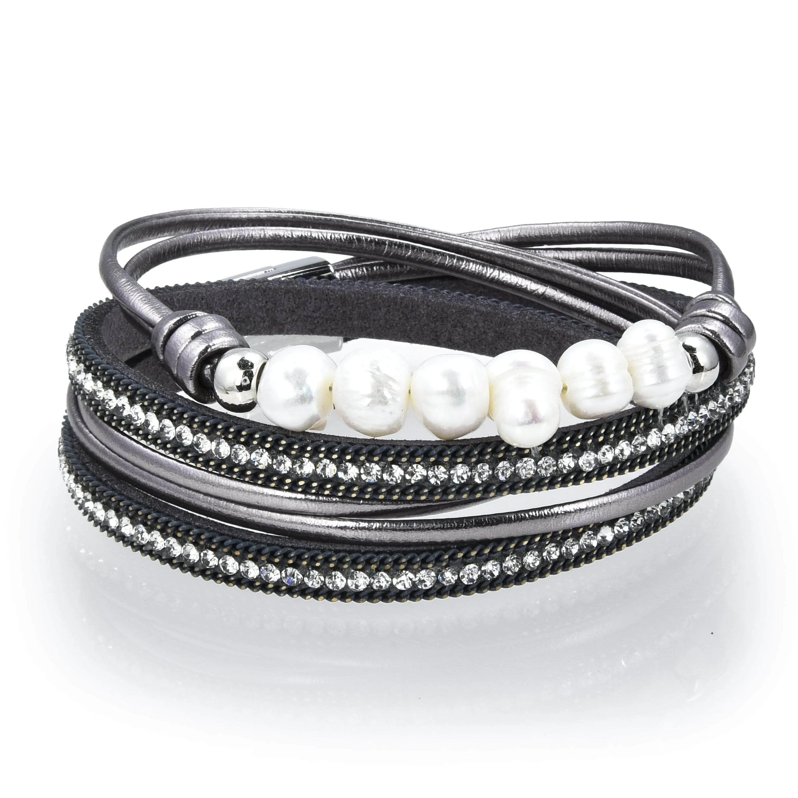 Multiple Strand Pearl and Diamonds Gray Bracelet with Magnetic Clasp