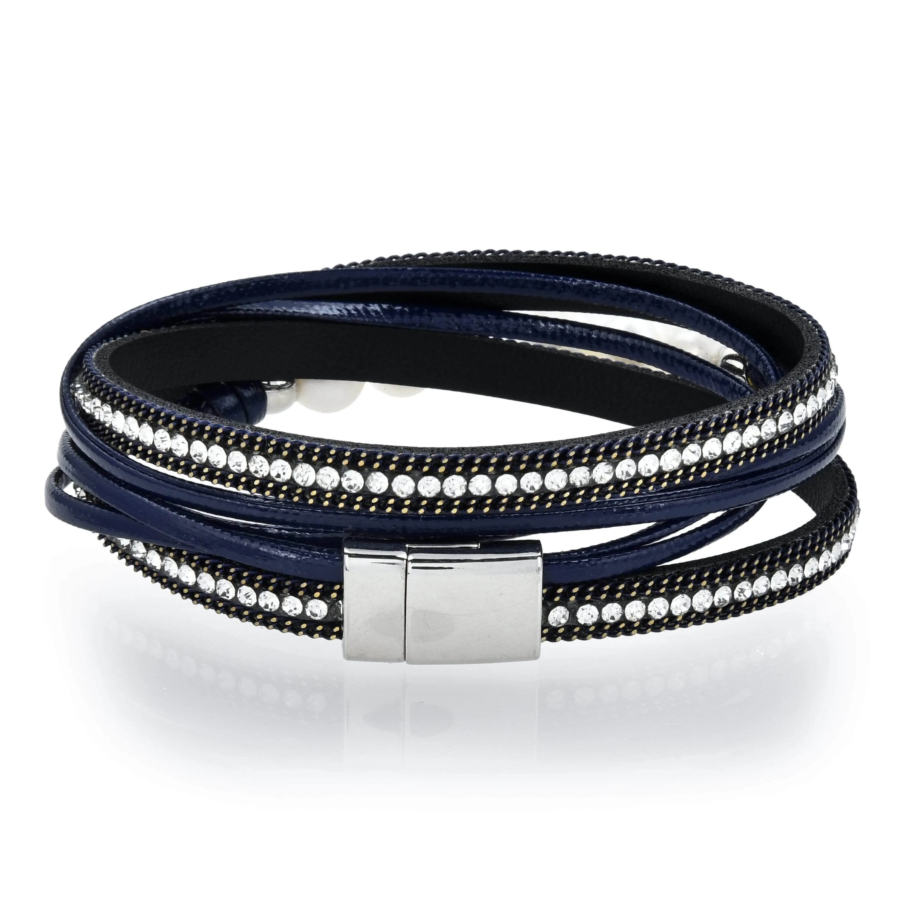 Multiple Strand Pearl and Diamonds Navy Blue Bracelet with Magnetic Clasp