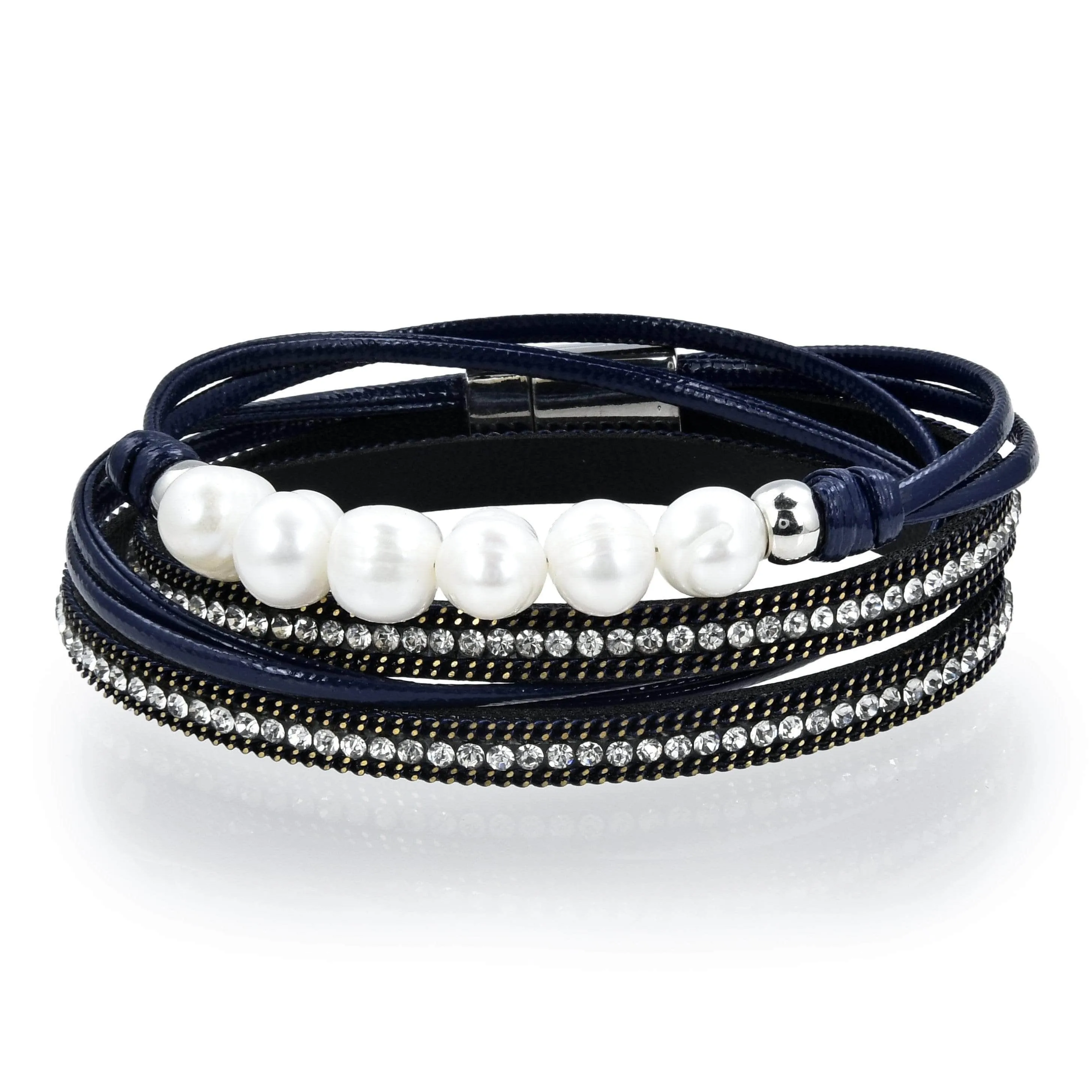 Multiple Strand Pearl and Diamonds Navy Blue Bracelet with Magnetic Clasp