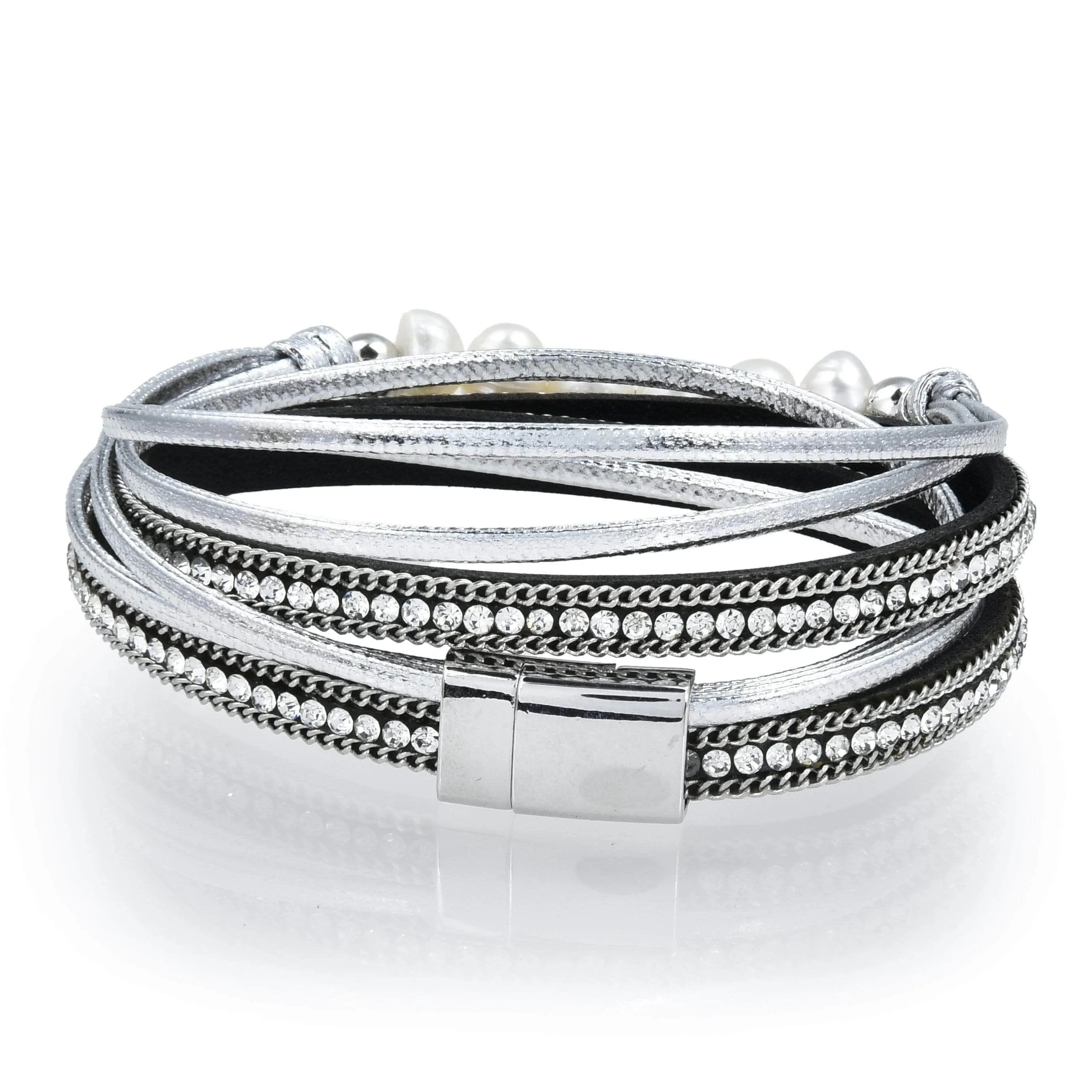 Multiple Strand Pearl and Diamonds Silver Bracelet with Magnetic Clasp