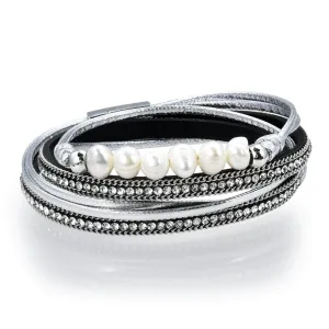 Multiple Strand Pearl and Diamonds Silver Bracelet with Magnetic Clasp