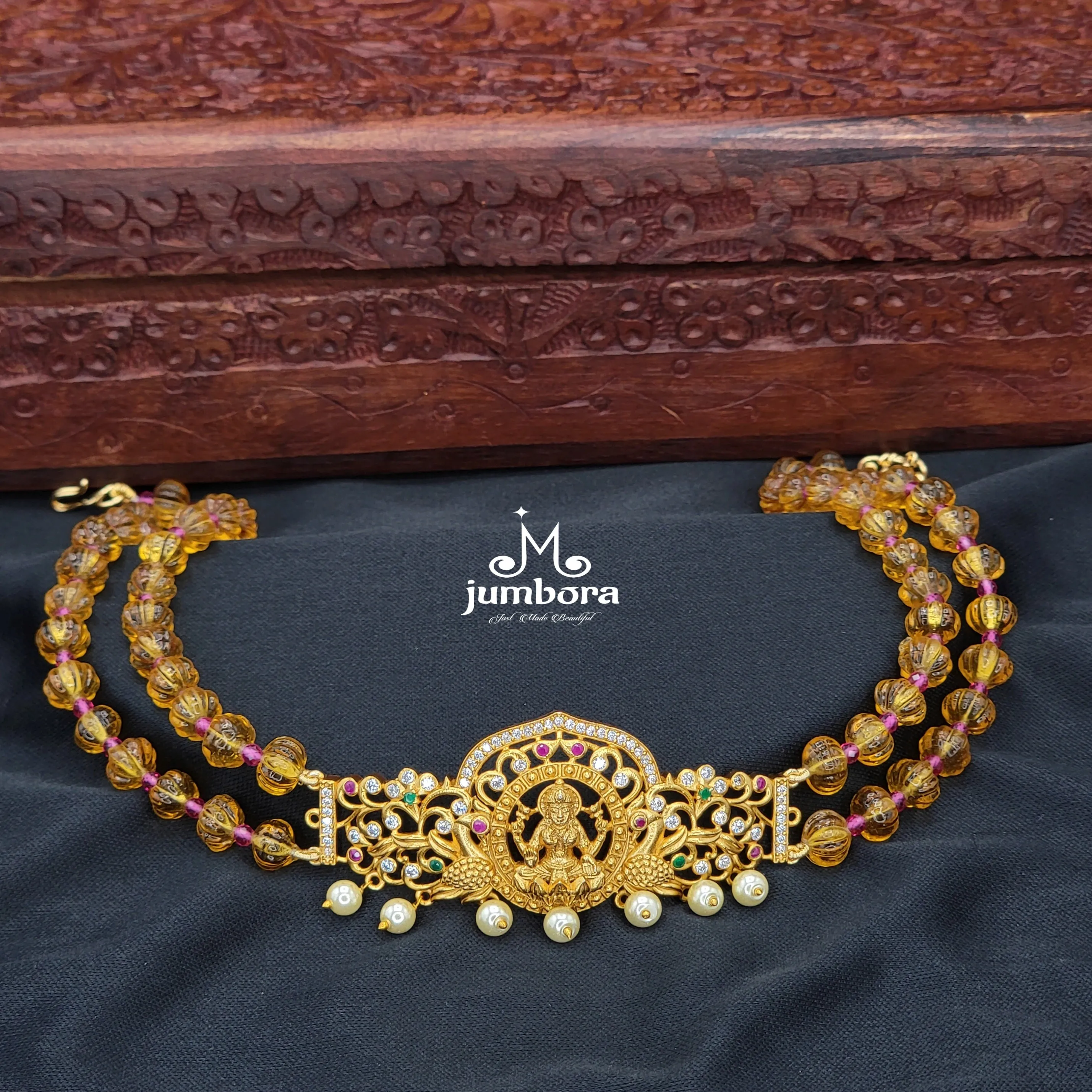 Mustard Yellow Pumpkin Beads Choker Lakshmi Necklace Temple Jewelry Set