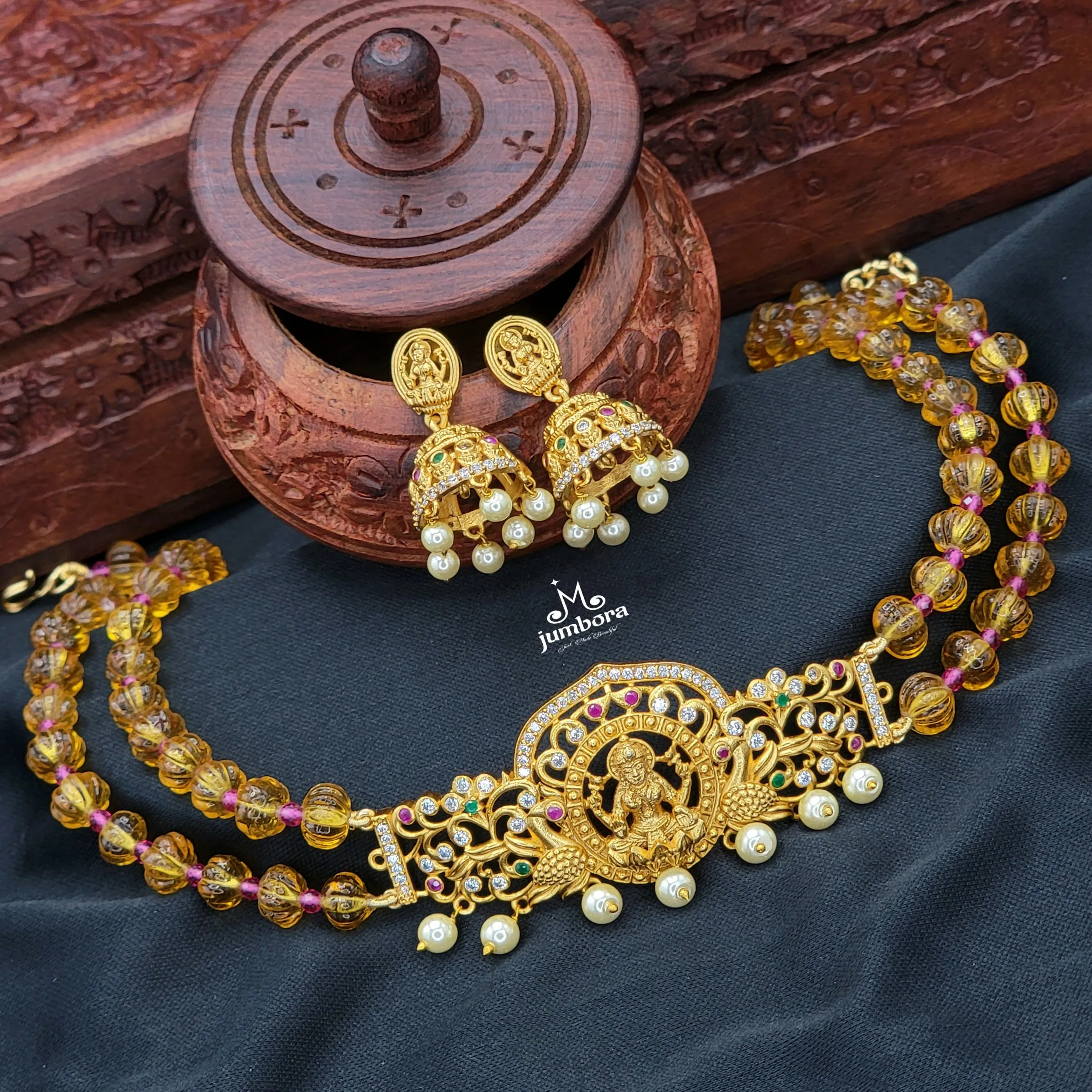 Mustard Yellow Pumpkin Beads Choker Lakshmi Necklace Temple Jewelry Set