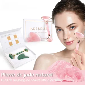 Natural Rose Quartz Jade Roller Gua Sha Set Facial Body Massager Roller Jade Stone Massage Set Face Lifting Beauty Massage Tools